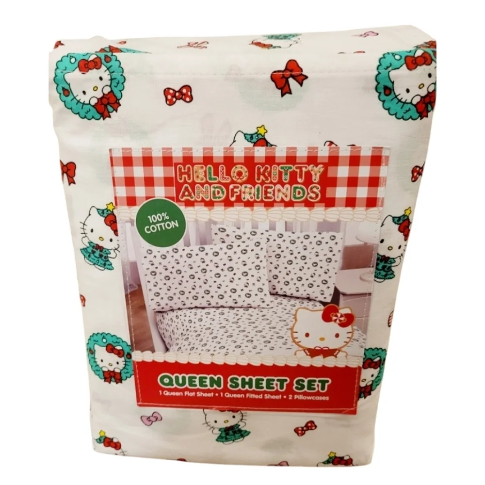 Hello Kitty Christmas Wreath Queen Size Sheet Set New with Tags Sanrio Novelty
